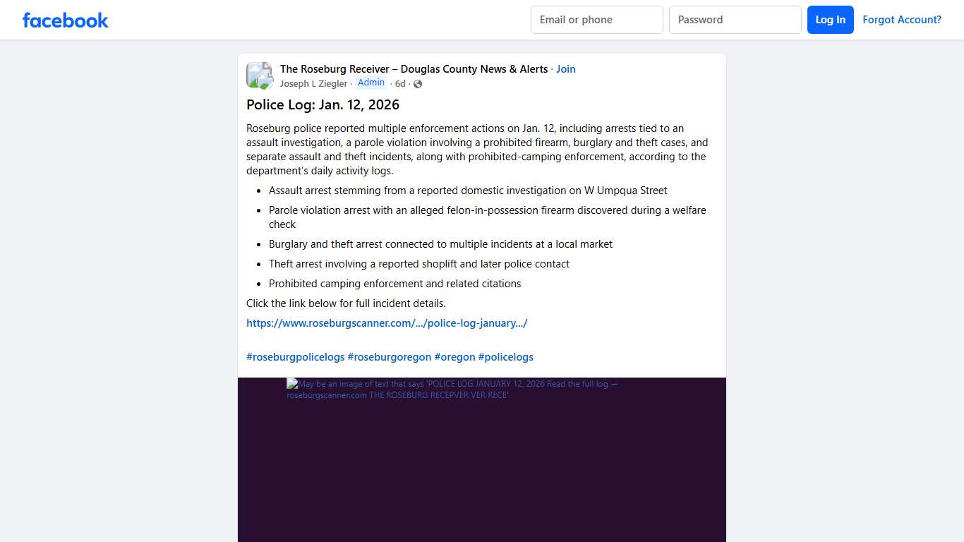 The Roseburg Receiver – Douglas County News & Alerts | # **Police Log: Jan | Facebook
