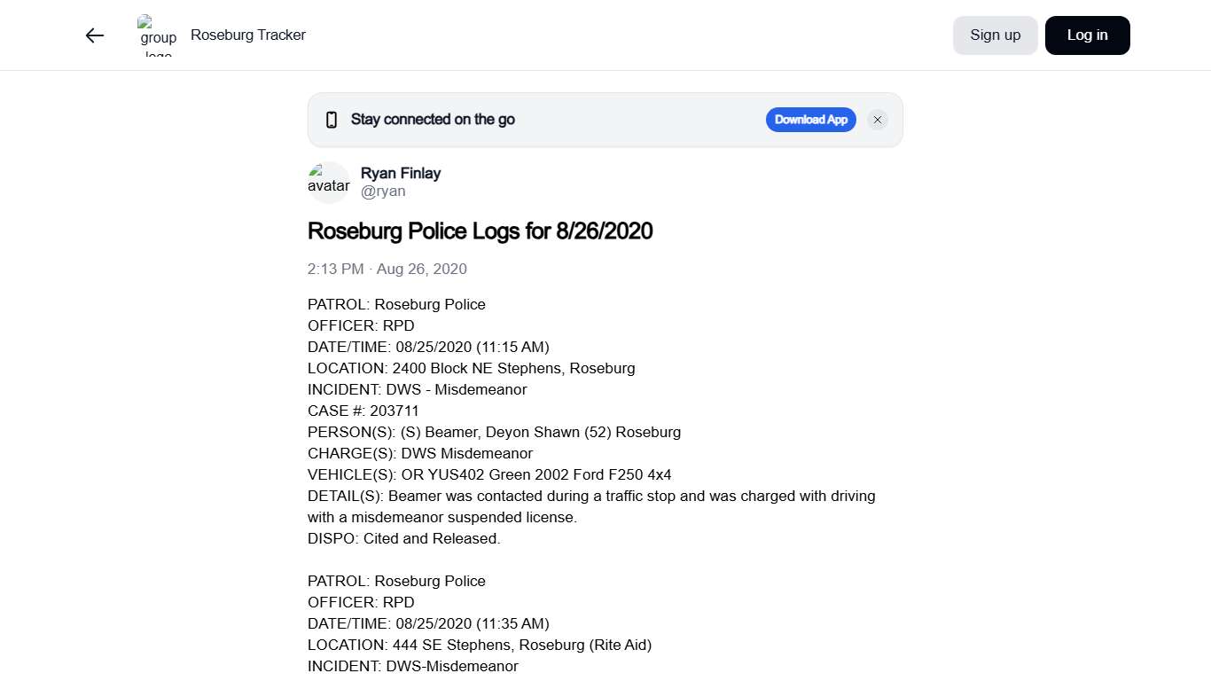 Roseburg Police Logs for 8/26/2020