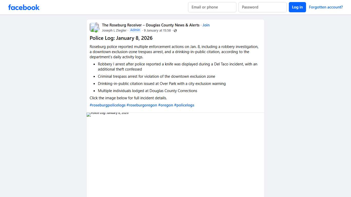 The Roseburg Receiver – Douglas County News & Alerts | # **Police Log: January 8, 2026** | Facebook
