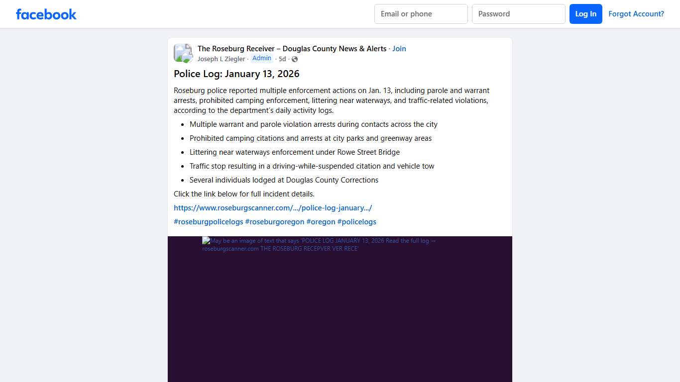 The Roseburg Receiver – Douglas County News & Alerts | # **Police Log: January 13, 2026** | Facebook